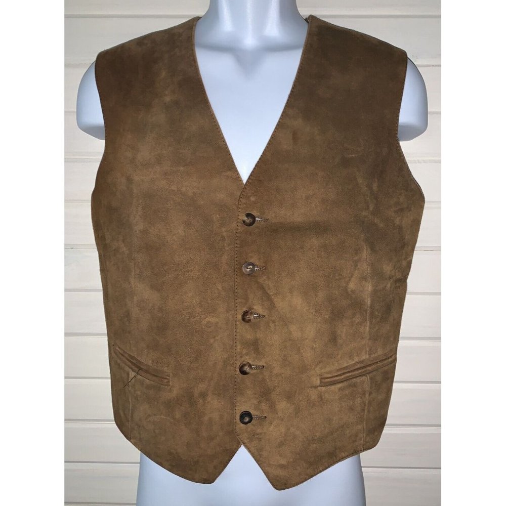 VTG Jack Henry Suede Brown Lined Vest Made In France Acrylic Knit Back VGUC